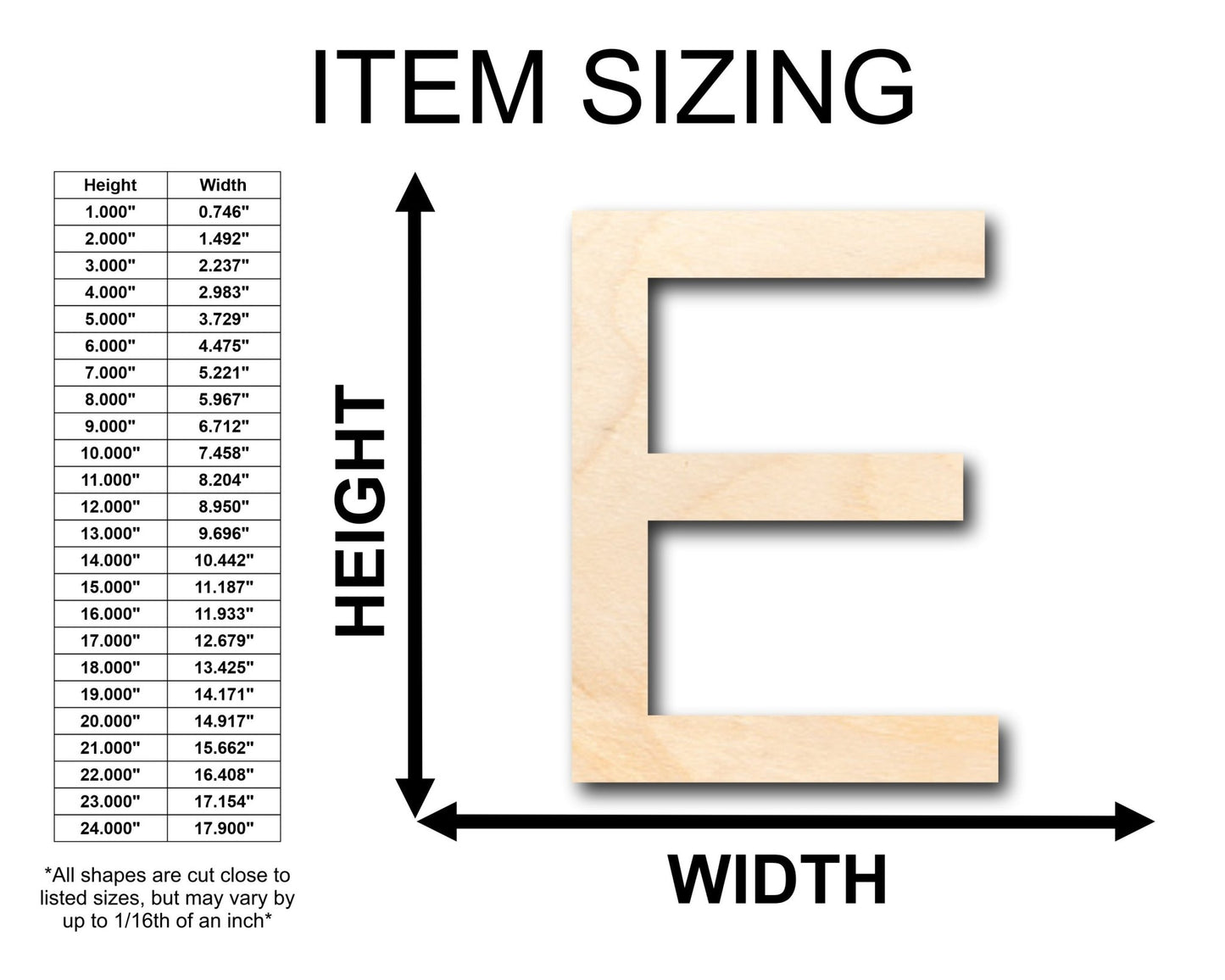 Unfinished Wood Arial Letter E Shape - Craft - up to 46" DIY - NameSigns.com