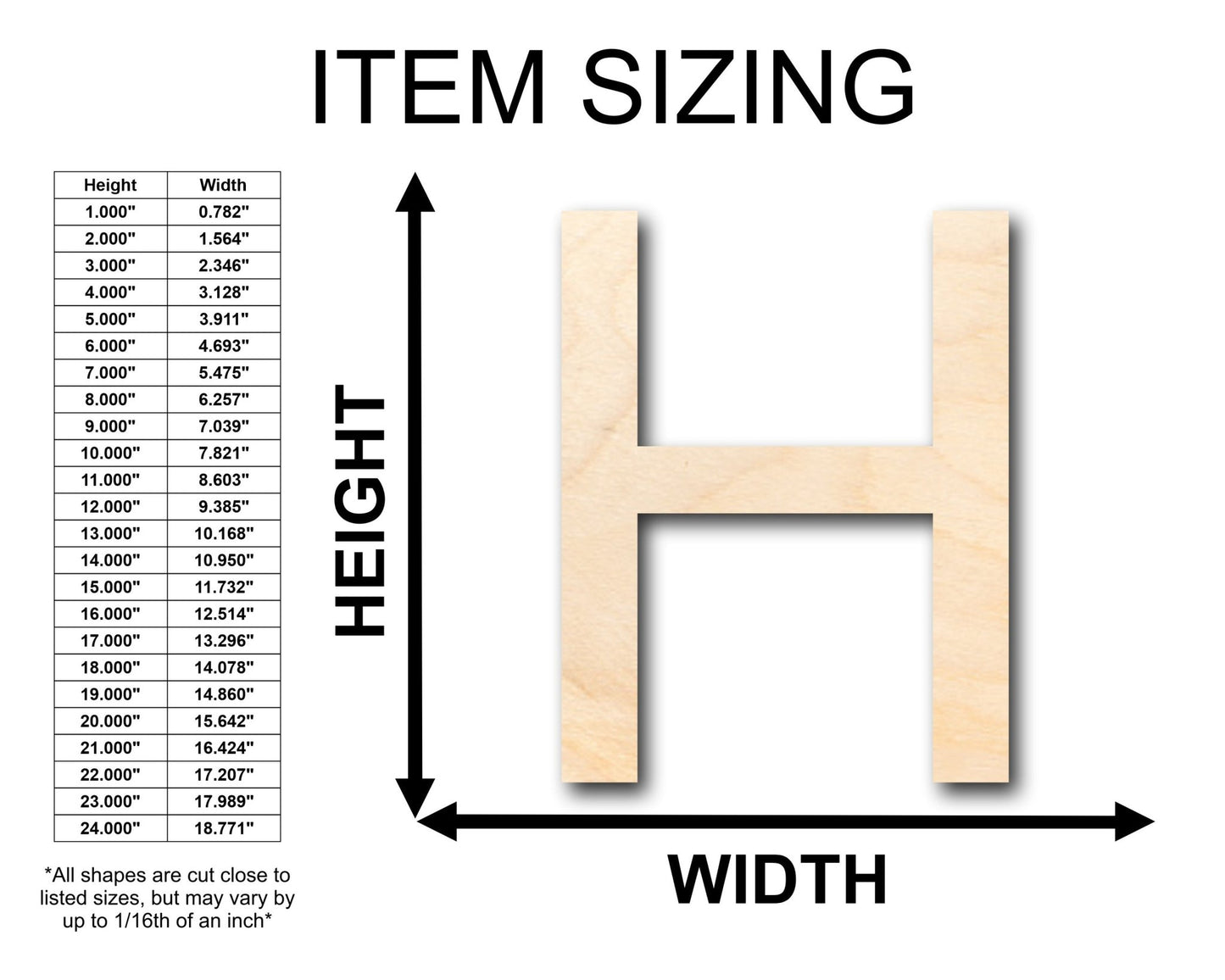 Unfinished Wood Arial Letter H Shape - Craft - up to 46" DIY - NameSigns.com