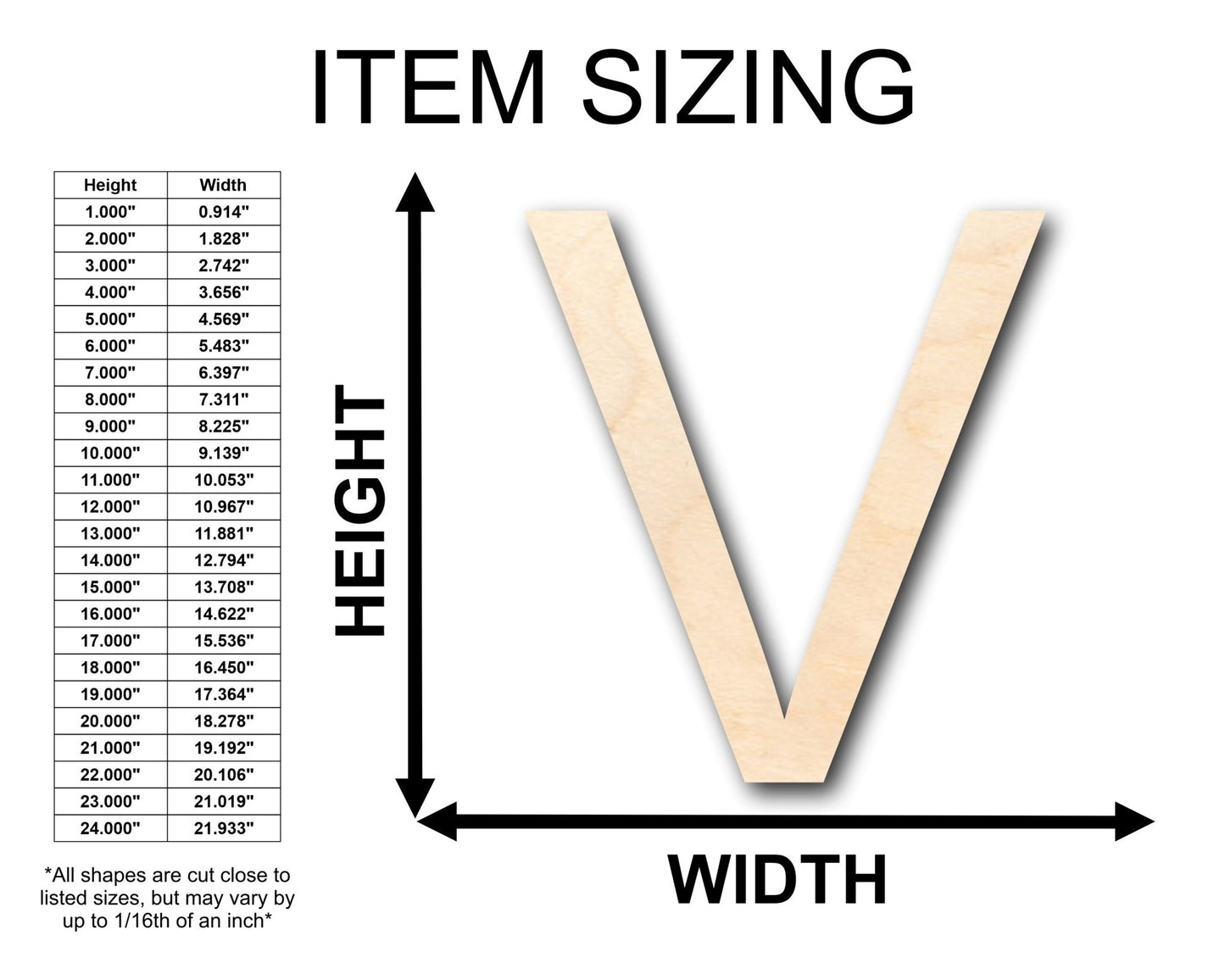 Unfinished Wood Arial Letter V Shape - Craft - up to 46" DIY - NameSigns.com