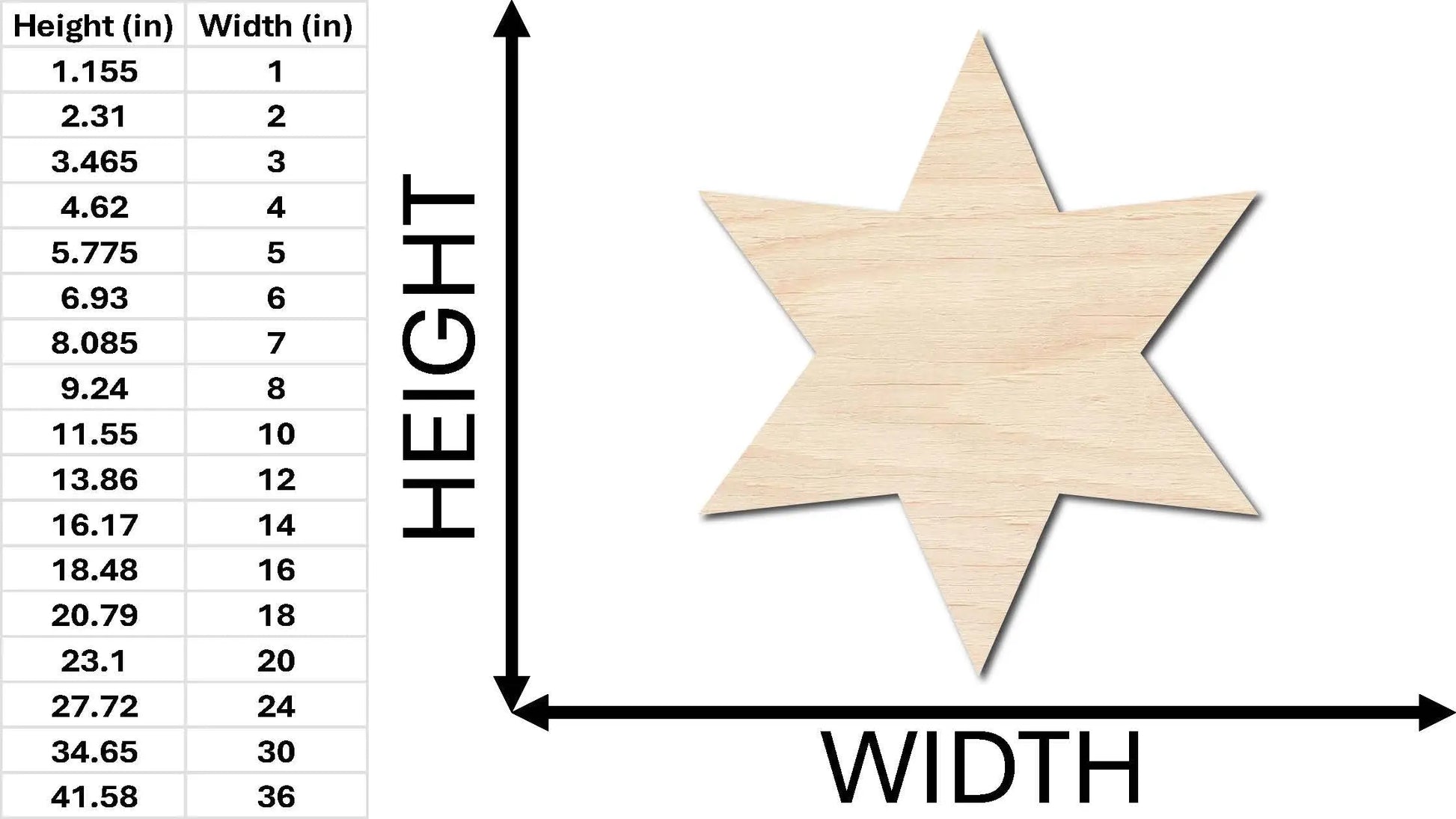 a wooden cutout of a star with measurements