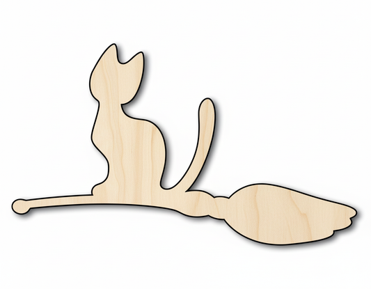 Unfinished Wood Cat on Broom Shape | DIY Halloween Cat Craft Cutout | up to 46" DIY NameSigns.com