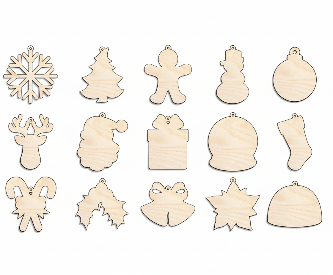 Wood Stocking Stuffer DIY Ornament Craft Bundle Christmas Wood Craft Cutouts 1/8" Thick Hanging Ready Cutouts with Holes! NameSigns.com