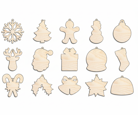 Wood Stocking Stuffer DIY Ornament Craft Bundle Christmas Wood Craft Cutouts 1/8" Thick Hanging Ready Cutouts with Holes! NameSigns.com