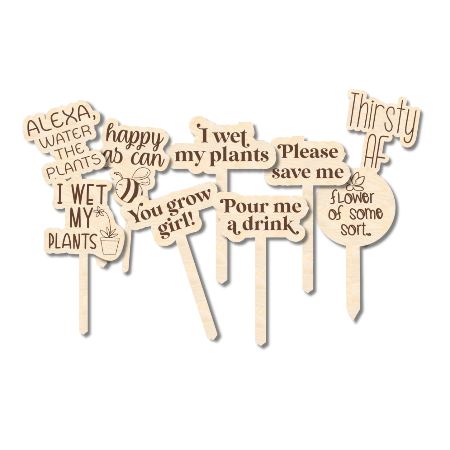 Funny Plant Stakes – Wooden Garden Stakes | 24 Designs | 5" Tall Baltic Birch Cutouts - NameSigns.com