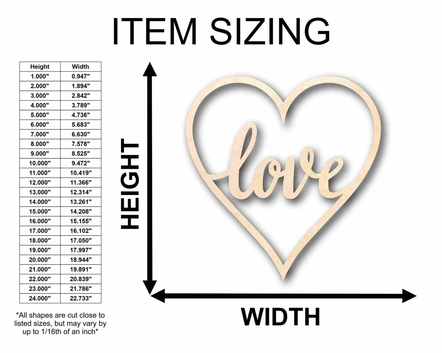 Love with Heart Sign Unfinished Wood Cutout Home Decor DIY - NameSigns.com