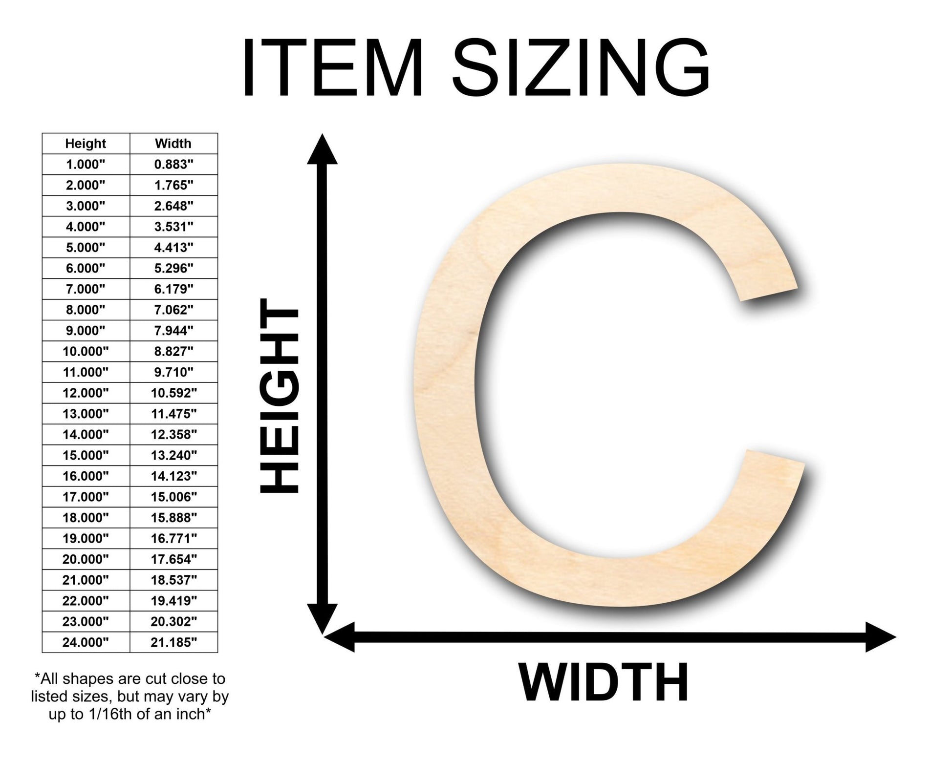 Unfinished Wood Arial Letter C Shape - Craft - up to 46" DIY - NameSigns.com