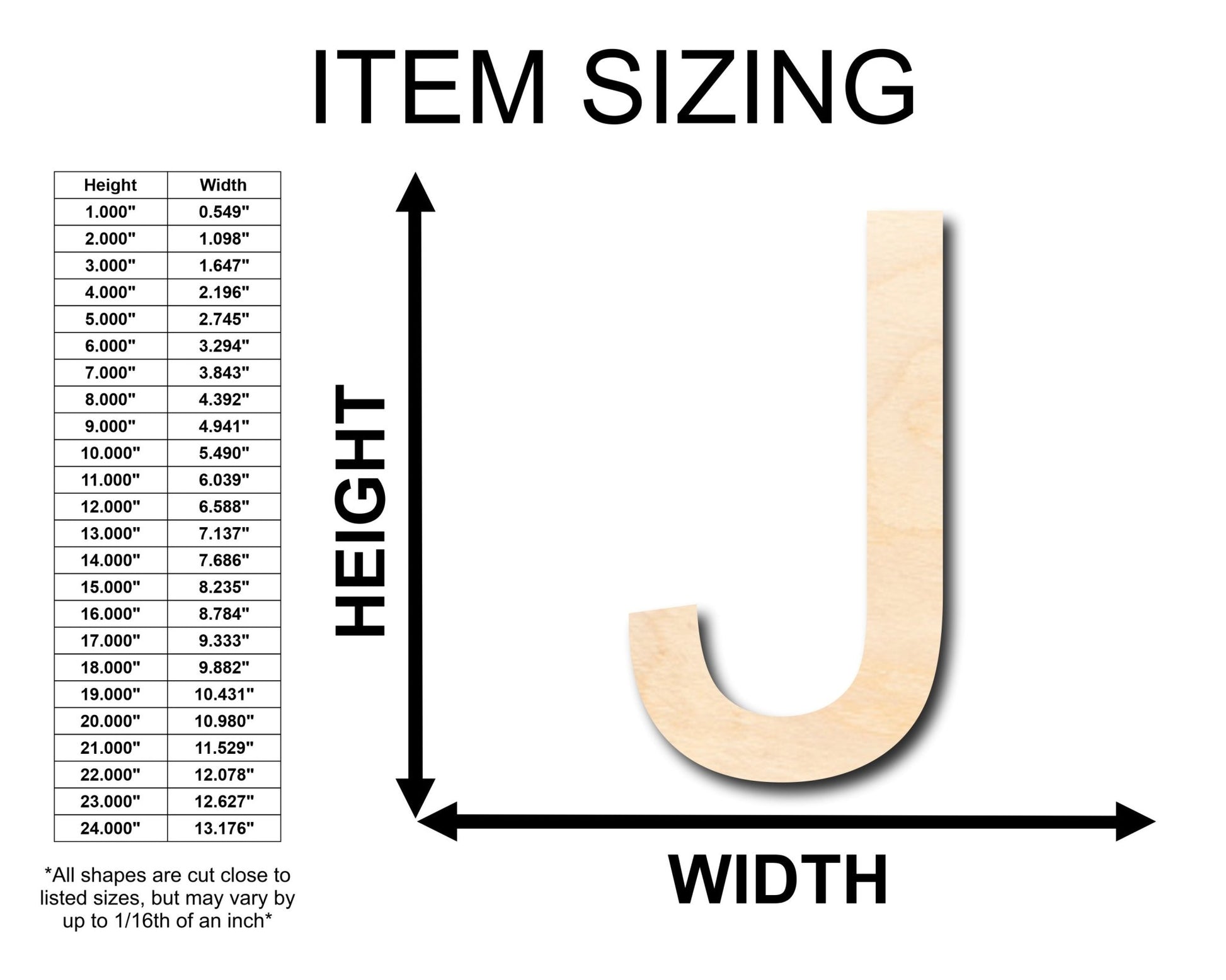 Unfinished Wood Arial Letter J Shape - Craft - up to 46" DIY - NameSigns.com