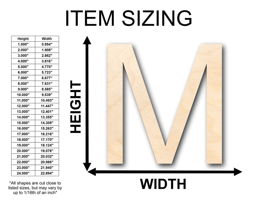 Unfinished Wood Arial Letter M Shape - Craft - up to 46" DIY - NameSigns.com