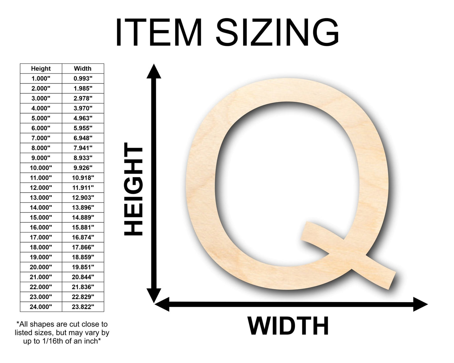 Unfinished Wood Arial Letter Q Shape - Craft - up to 46" DIY - NameSigns.com