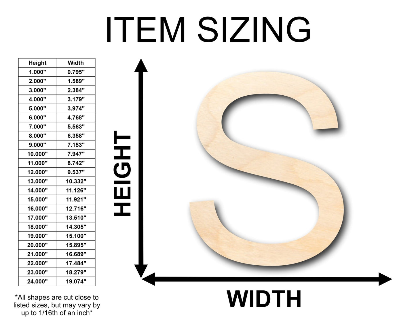 Unfinished Wood Arial Letter S Shape - Craft - up to 46" DIY - NameSigns.com