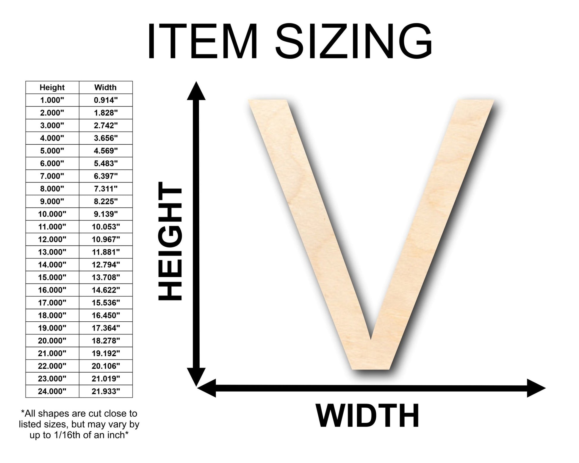 Unfinished Wood Arial Letter V Shape - Craft - up to 46" DIY - NameSigns.com