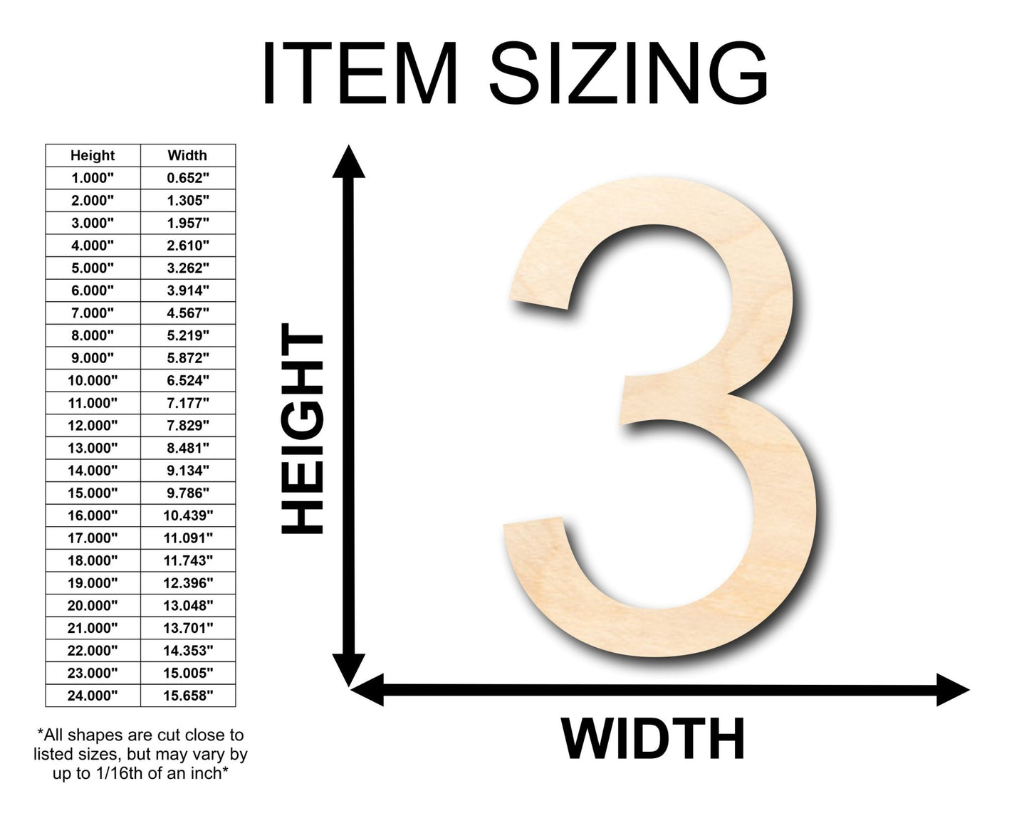 Unfinished Wood Arial Number 3 Shape - Craft - up to 46" DIY - NameSigns.com