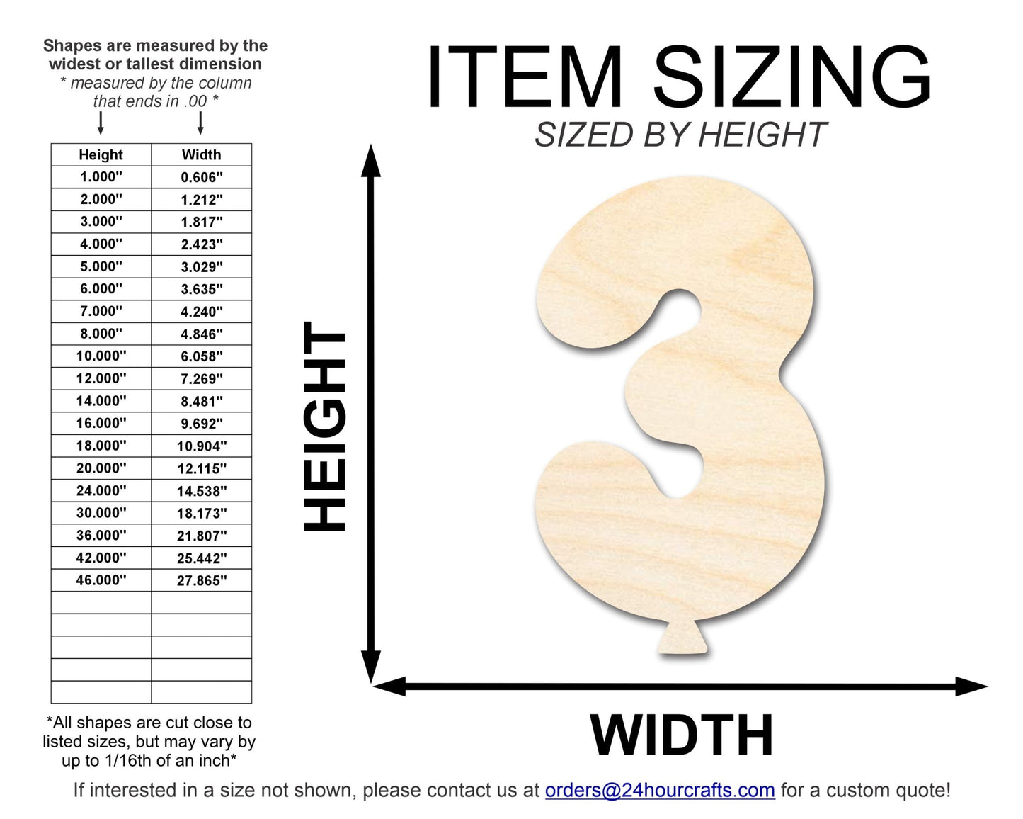 Unfinished Wood Balloon Number 3 Shape | DIY Craft Cutout | up to 46" DIY - NameSigns.com