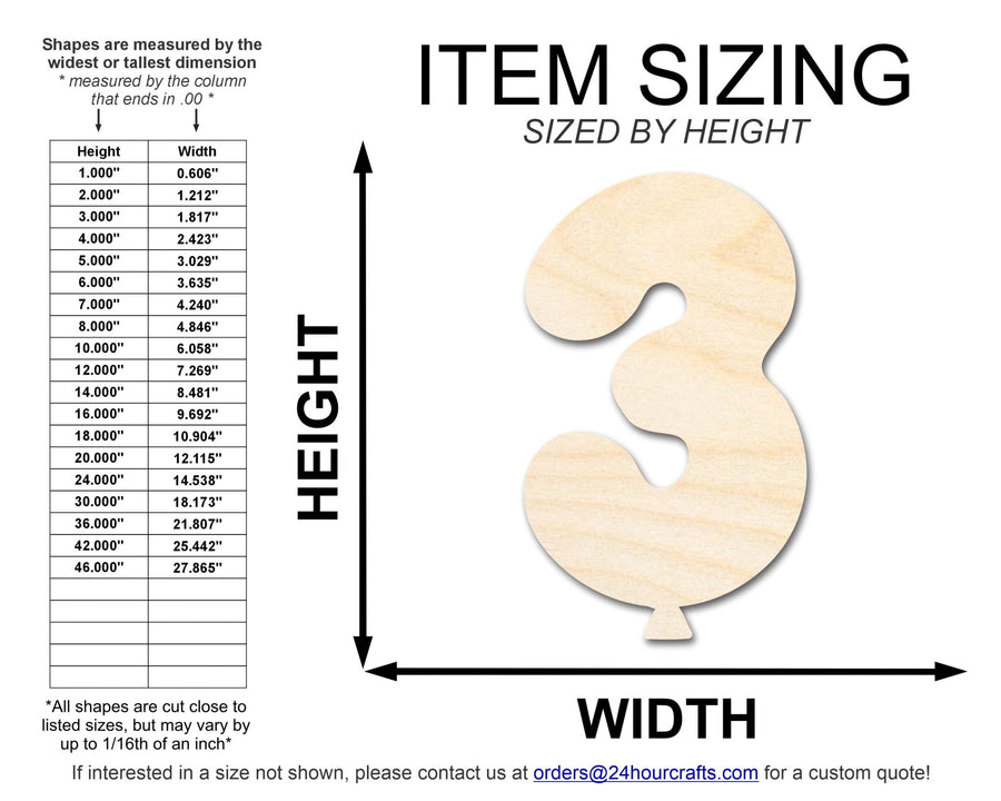 Unfinished Wood Balloon Number 3 Shape | DIY Craft Cutout | up to 46" DIY - NameSigns.com