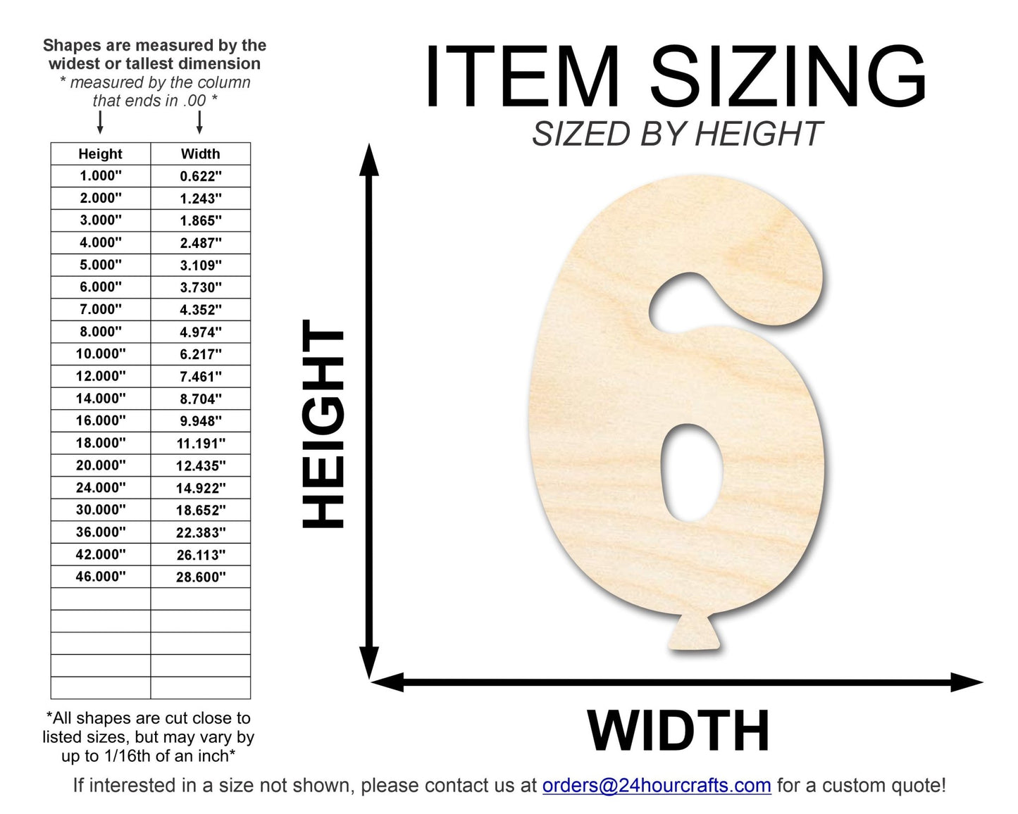 Unfinished Wood Balloon Number 6 Shape | DIY Craft Cutout | up to 46" DIY - NameSigns.com