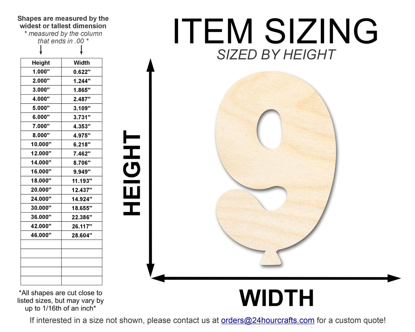 Unfinished Wood Balloon Number 9 Shape | DIY Craft Cutout | up to 46" DIY - NameSigns.com