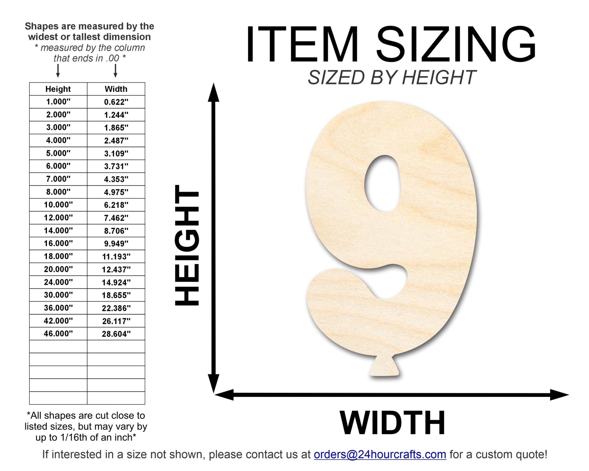 Unfinished Wood Balloon Number 9 Shape | DIY Craft Cutout | up to 46" DIY - NameSigns.com