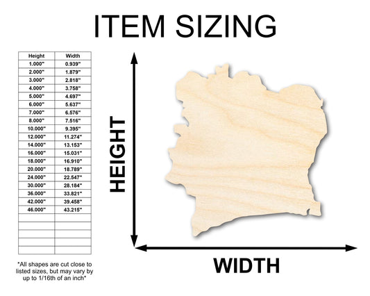 Unfinished Wood Cote d'Ivoire Country Shape - Ivory Coast West Africa Craft - up to 46" DIY - NameSigns.com