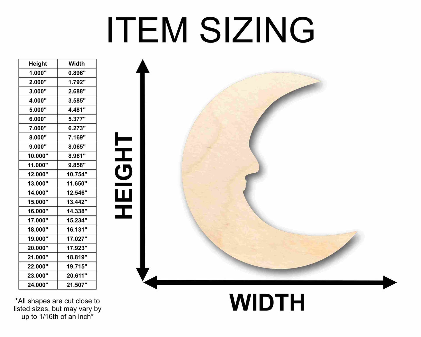 Unfinished Wood Crescent Moon with Face Outline Silhouette - Craft - up to 46" DIY - NameSigns.com
