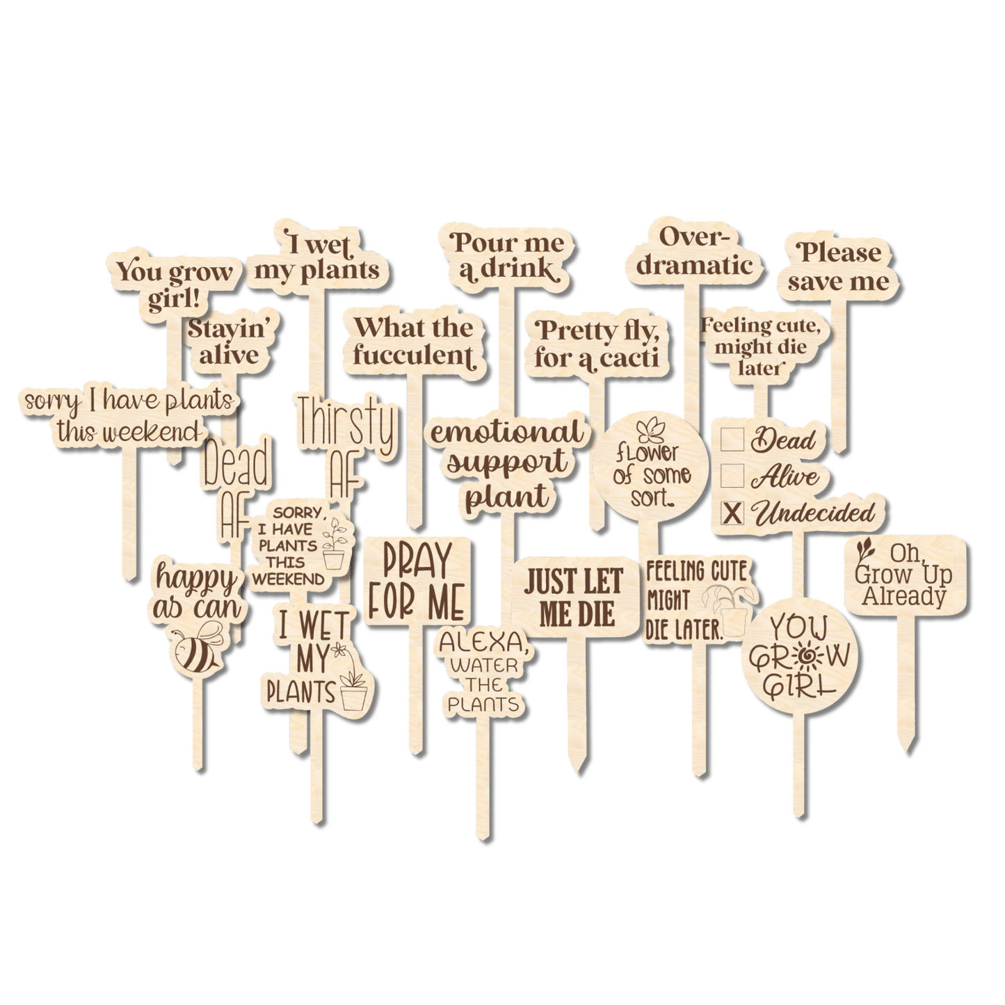Unfinished Wood Funny Plant Stakes | 24 Options | 5" Tall | 1/8" Wood | Wood Craft Cutout - NameSigns.com