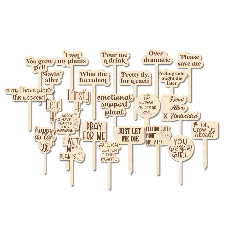 Unfinished Wood Funny Plant Stakes | 24 Options | 5" Tall | 1/8" Wood | Wood Craft Cutout - NameSigns.com
