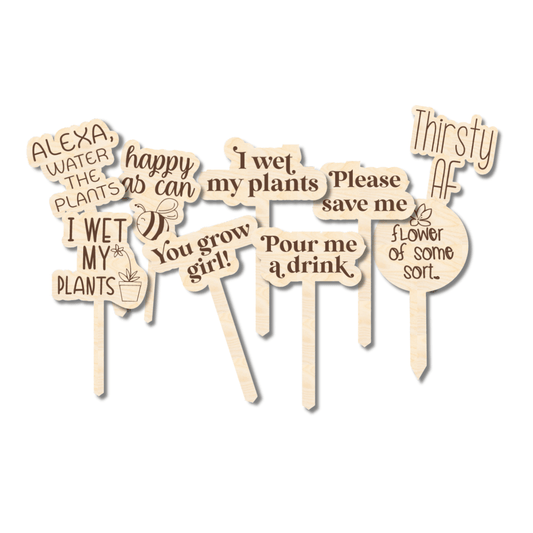 Unfinished Wood Funny Plant Stakes | 24 Options | 5" Tall | 1/8" Wood | Wood Craft Cutout - NameSigns.com