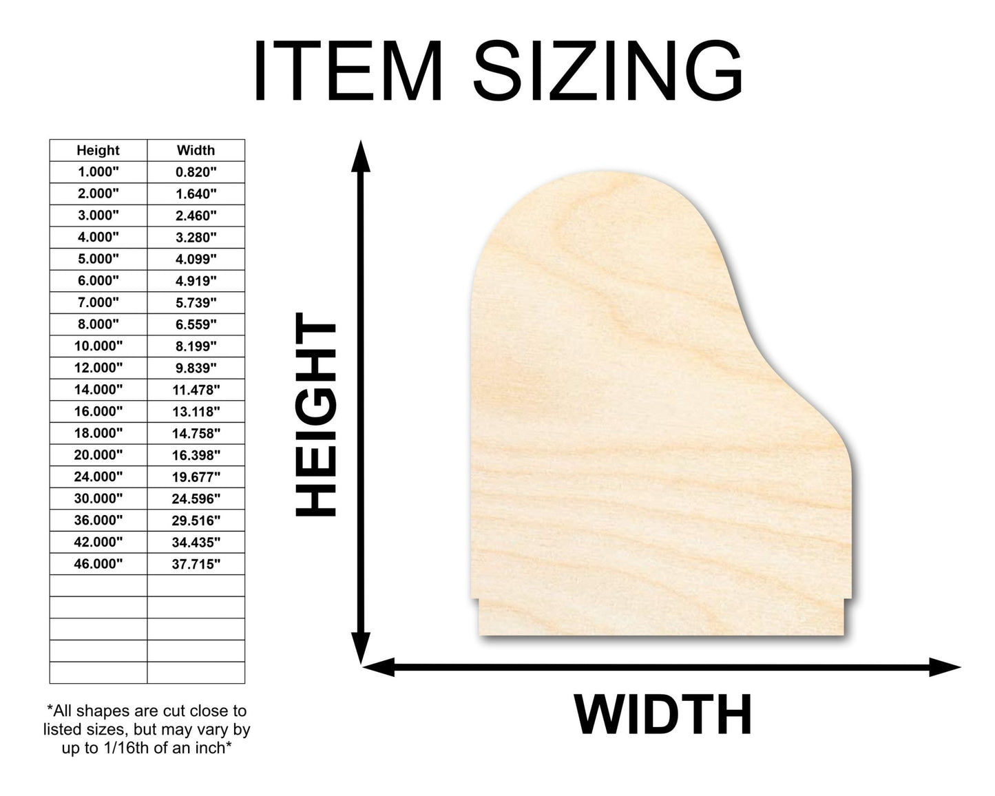 Unfinished Wood Grand Piano Shape - Craft - up to 46" DIY - NameSigns.com