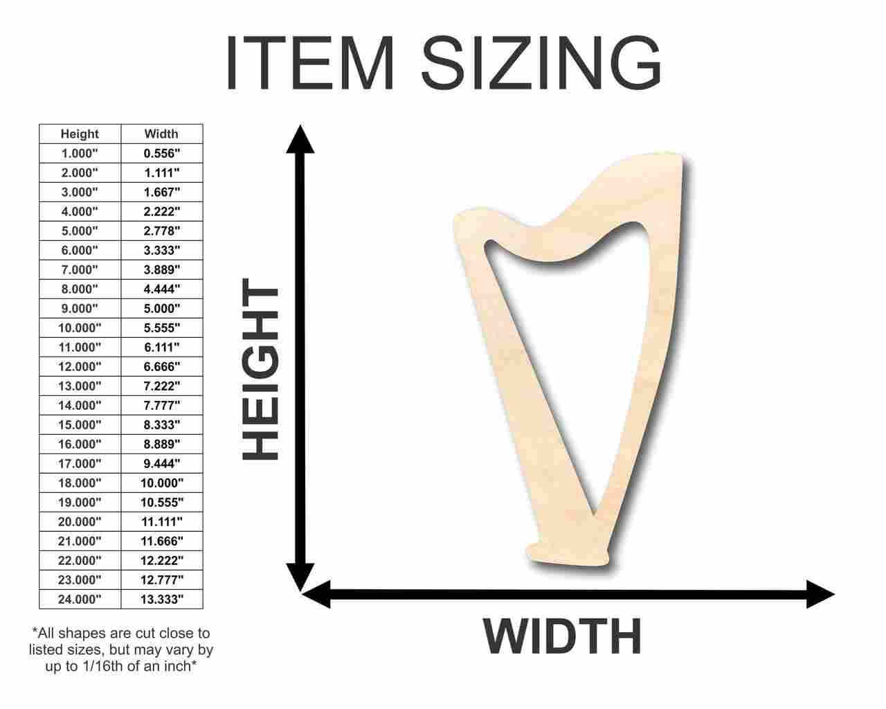 Unfinished Wood Harp Lyre Shape - Music - Craft - up to 46" DIY - NameSigns.com