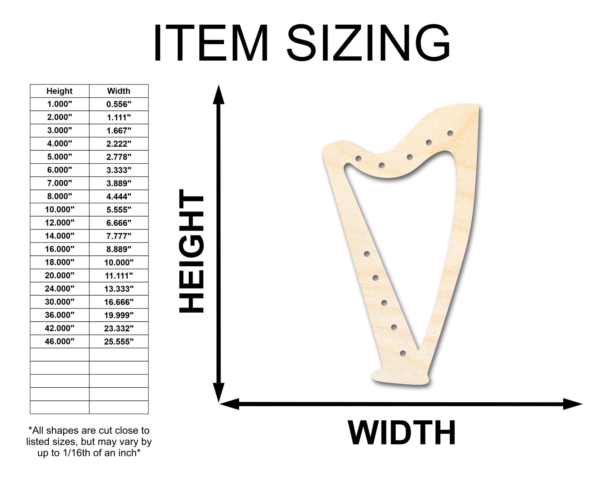 Unfinished Wood Harp with Holes Shape - Craft - up to 46" - NameSigns.com