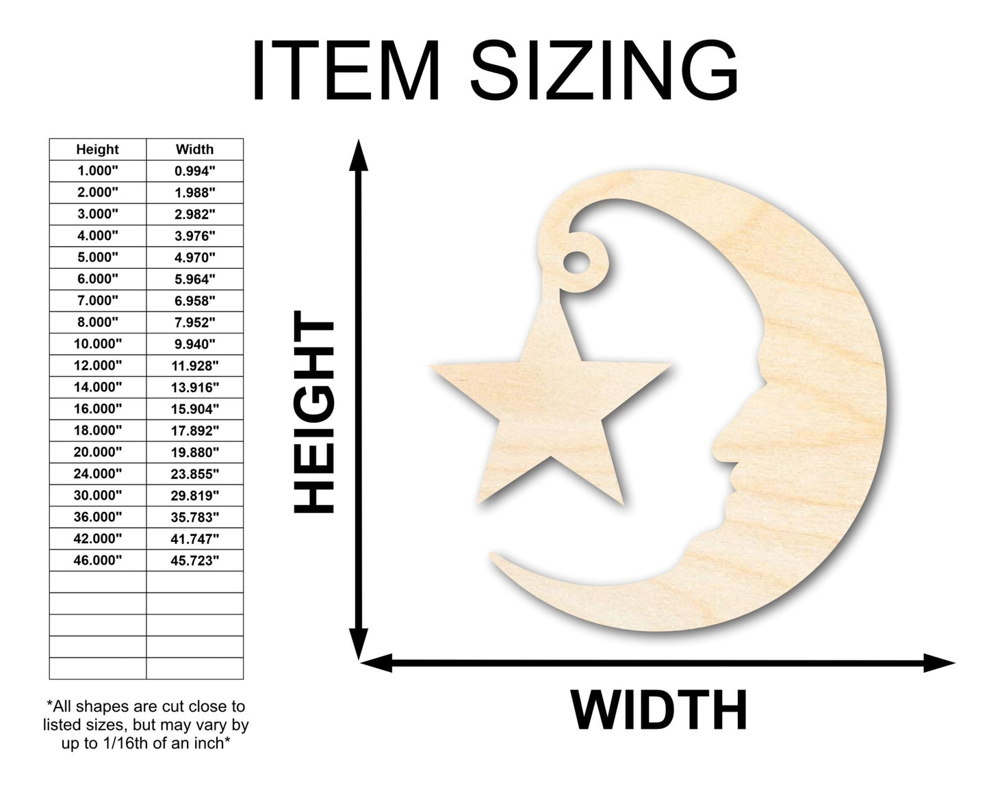 Unfinished Wood Moon and Star Silhouette Shape - Craft - up to 46" - NameSigns.com