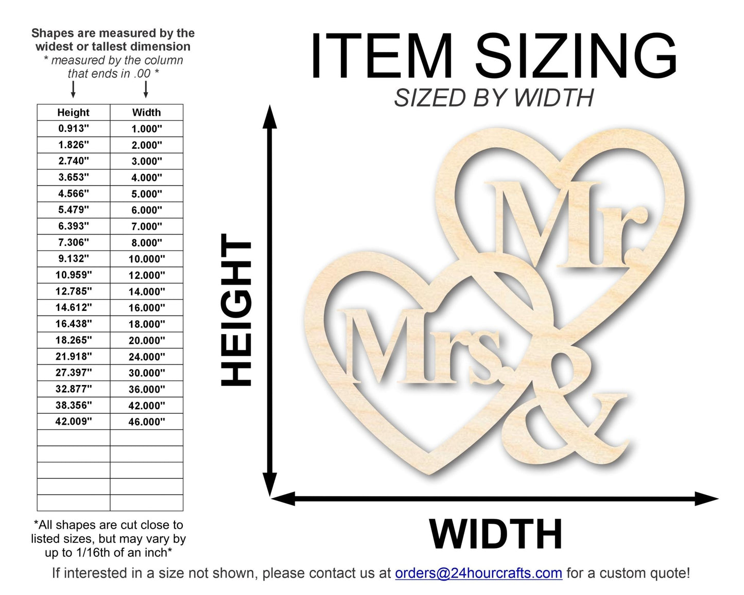 Unfinished Wood Mr. and Mrs. Hearts Shape | DIY Craft Cutout | up to 46" DIY - NameSigns.com