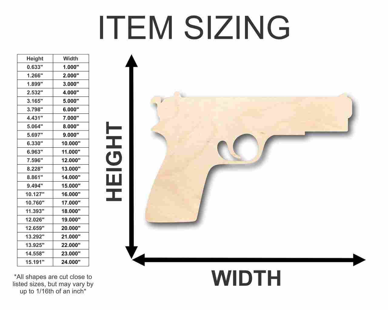 Unfinished Wood Pistol Shape - Gun - Police - Military - Craft - up to 46" DIY - NameSigns.com