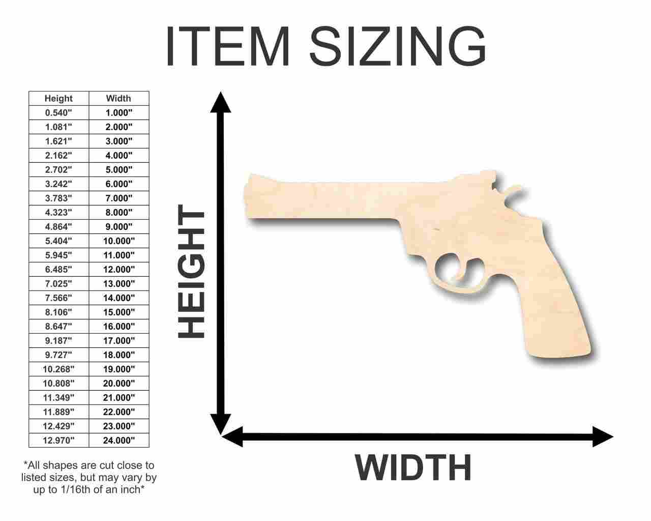 Unfinished Wood Revolver Shape - Gun - Police - Military - Craft - up to 46" DIY - NameSigns.com