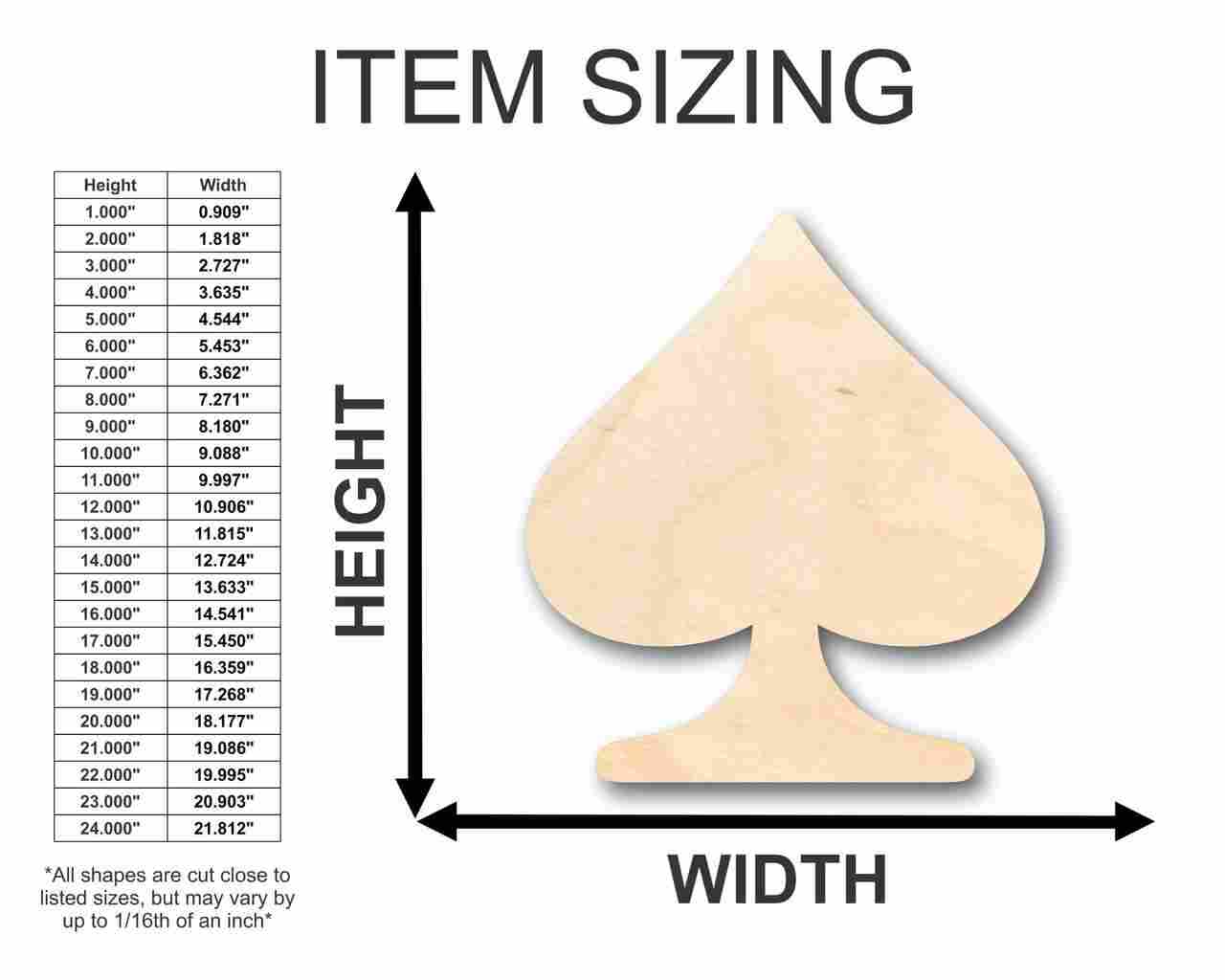 Unfinished Wood Spade Card Shape - Poker - Craft - up to 46" DIY - NameSigns.com