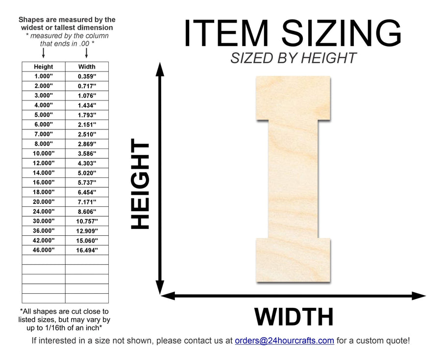 Unfinished Wood Varsity Team Font - I Shape | DIY Craft Cutout | up to 46" DIY - NameSigns.com