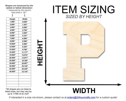 Unfinished Wood Varsity Team Font - P Shape | DIY Craft Cutout | up to 46" DIY - NameSigns.com