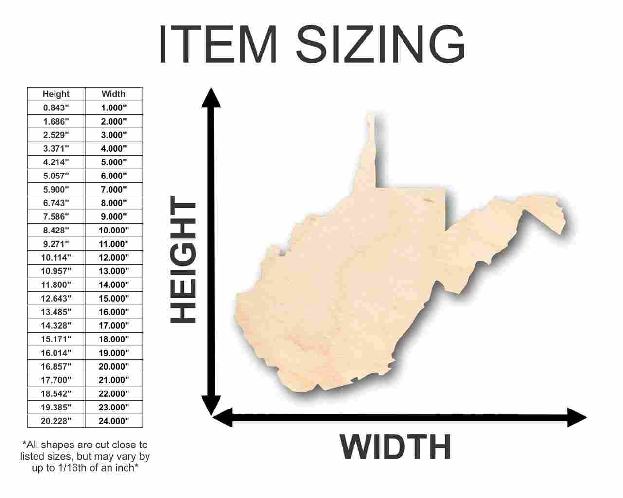 Unfinished Wood West Virginia Shape - State - Craft - up to 46" DIY - NameSigns.com