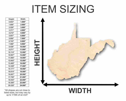 Unfinished Wood West Virginia Shape - State - Craft - up to 46" DIY - NameSigns.com