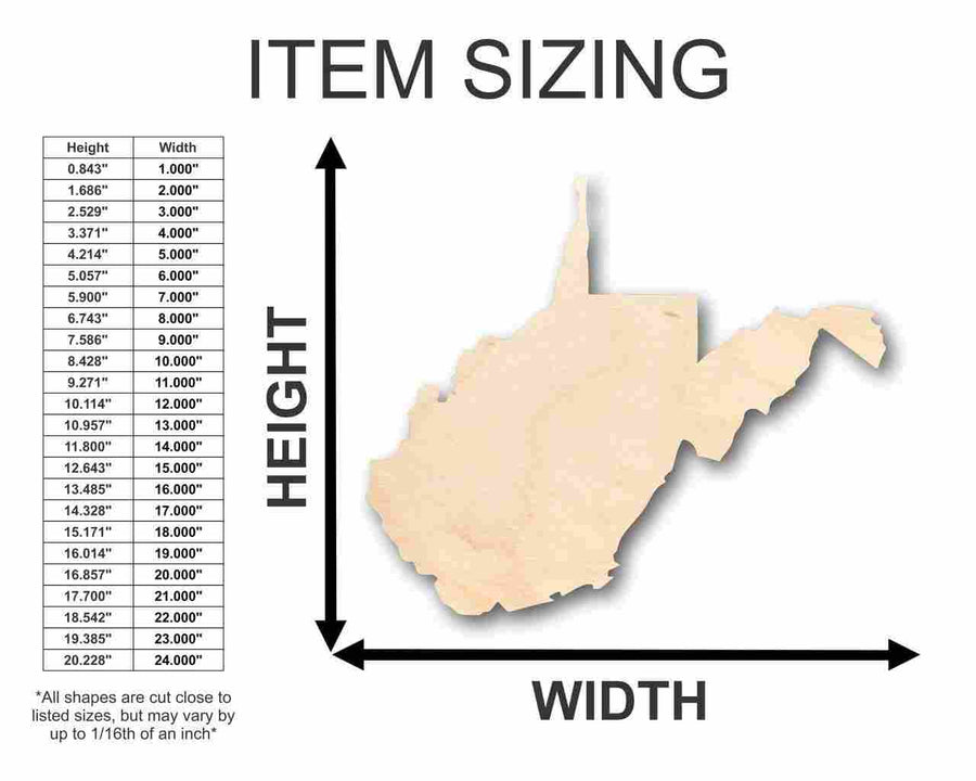 Unfinished Wood West Virginia Shape - State - Craft - up to 46" DIY - NameSigns.com