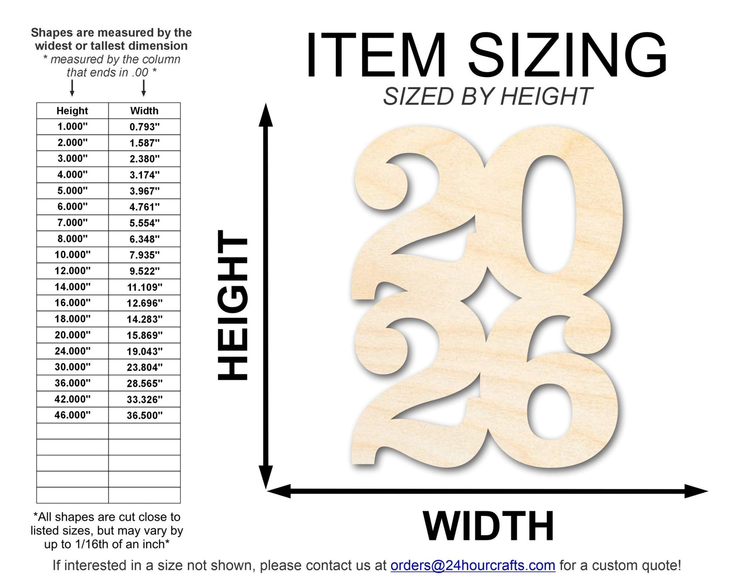Unfinished Wood Year 2026 Shape | DIY Craft Cutout | up to 46" DIY - NameSigns.com