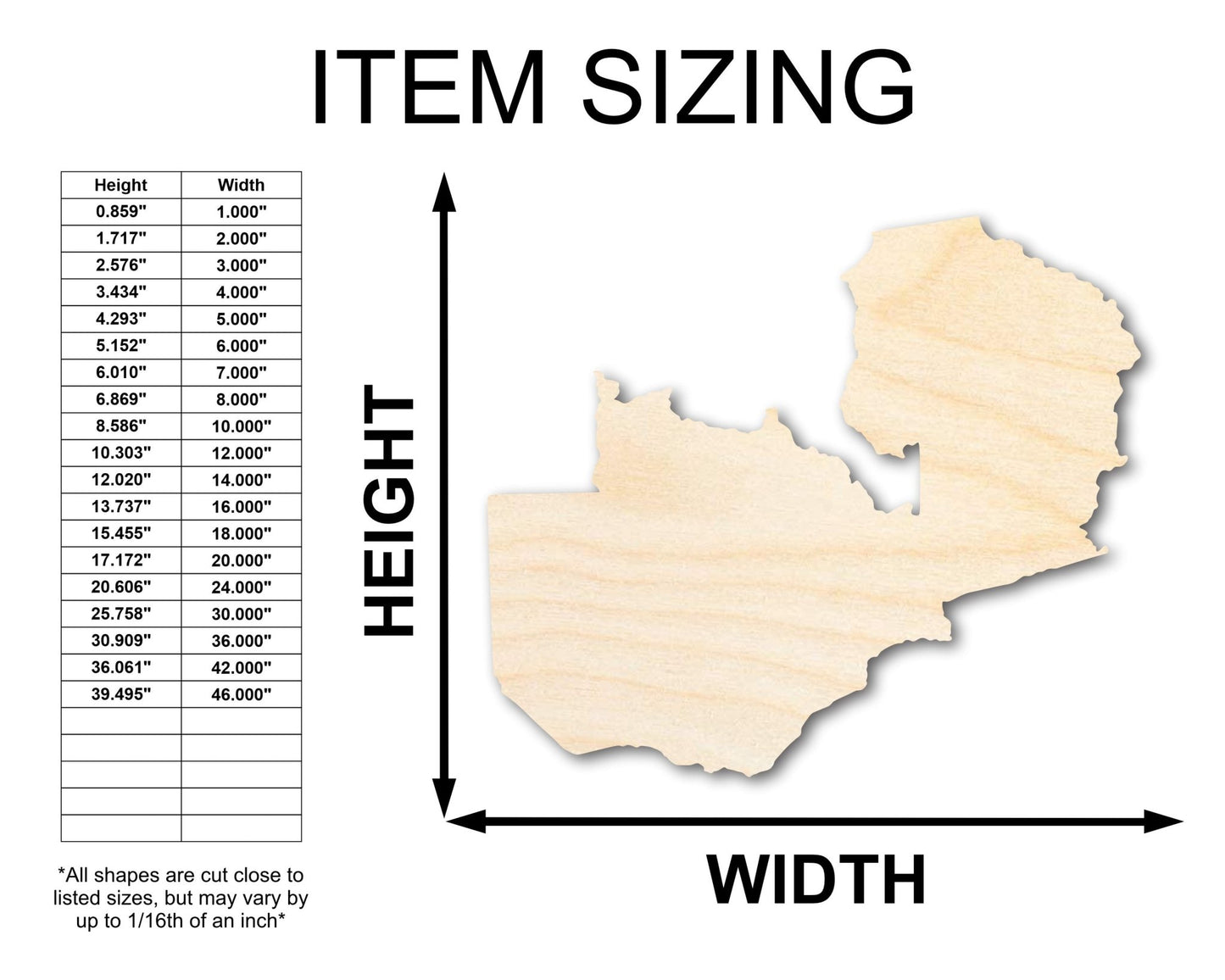 Unfinished Wood Zambia Country Shape - Southern Africa Craft - up to 46" DIY - NameSigns.com