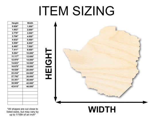 Unfinished Wood Zimbabwe Country Shape - Southern Africa Craft - up to 46" DIY - NameSigns.com