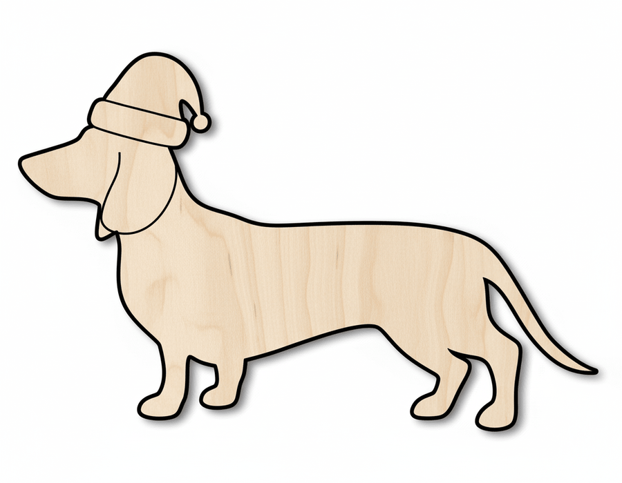 Wood Dachshund - DIY Wooden Cutout With Santa Hat | Baltic Birch Plywood Craft Blank Door Hanger Wooden Cutout Cut Outs - Unfinished - NameSigns.com