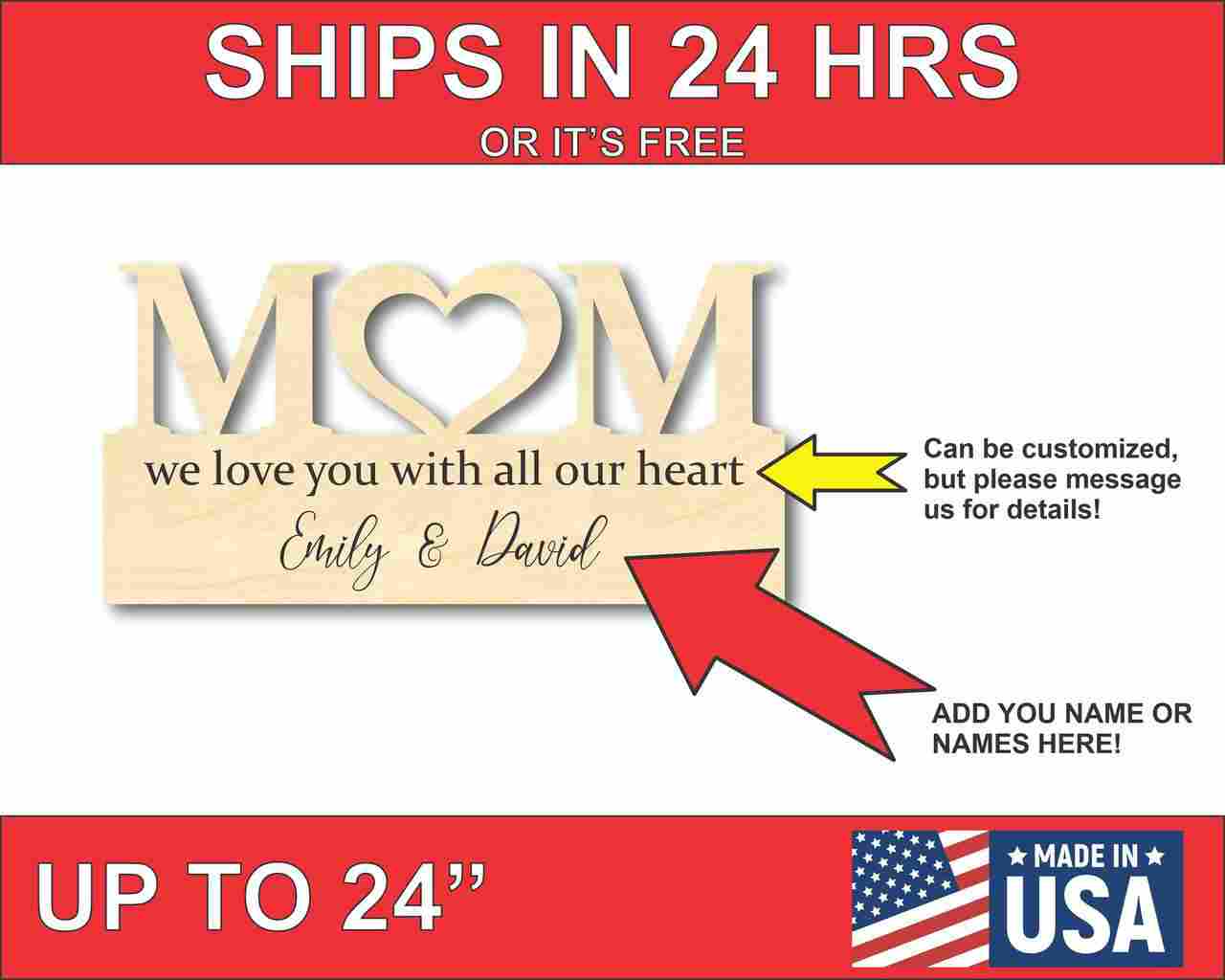 Wood Love Mother's Day Gift Customizable Cutout Finished or Unfinished up to 48" Wide - Home Decor DIY - NameSigns.com