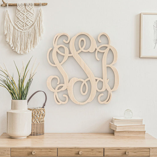 Wood Monogram Sign – Custom 3 - Letter Vine Font Classic Personalized Wooden Wall Decor - NameSigns.com