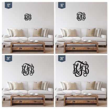 Wood Monogram Sign – Custom 3 - Letter Vine Font Classic Personalized Wooden Wall Decor - NameSigns.com