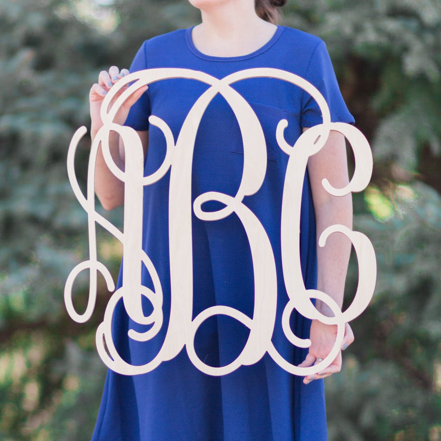Wood Monogram Sign – Custom 3 - Letter Vine Font Classic Personalized Wooden Wall Decor - NameSigns.com